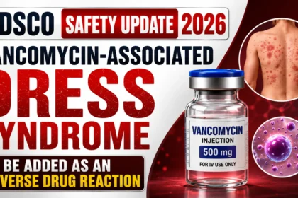 CDSCO Safety Update 2026 YouTube thumbnail highlighting Vancomycin-associated DRESS Syndrome being added as an adverse drug reaction, featuring a Vancomycin injection vial, skin rash, and immune cell illustration.