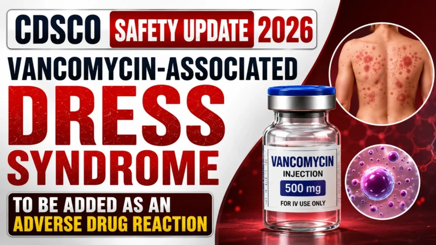 CDSCO Safety Update 2026 YouTube thumbnail highlighting Vancomycin-associated DRESS Syndrome being added as an adverse drug reaction, featuring a Vancomycin injection vial, skin rash, and immune cell illustration.