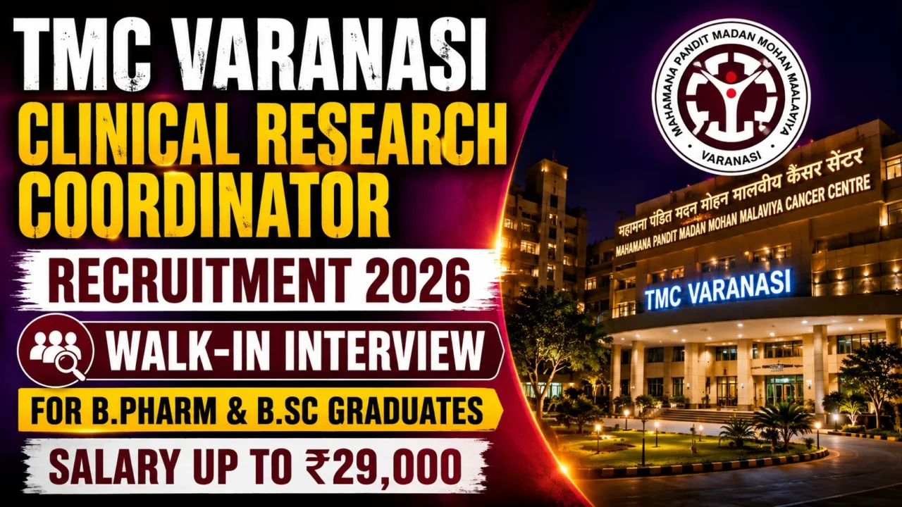 TMC Varanasi Clinical Research Coordinator Recruitment 2026 thumbnail for Walk-In Interview, B.Pharm & B.Sc graduates, salary up to ₹29,000.