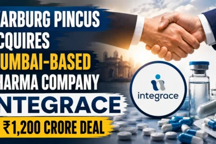 Warburg Pincus acquires Mumbai-based pharma company Integrace in a ₹1,200 crore deal, featuring a business handshake, Integrace logo, and pharmaceutical medicines.