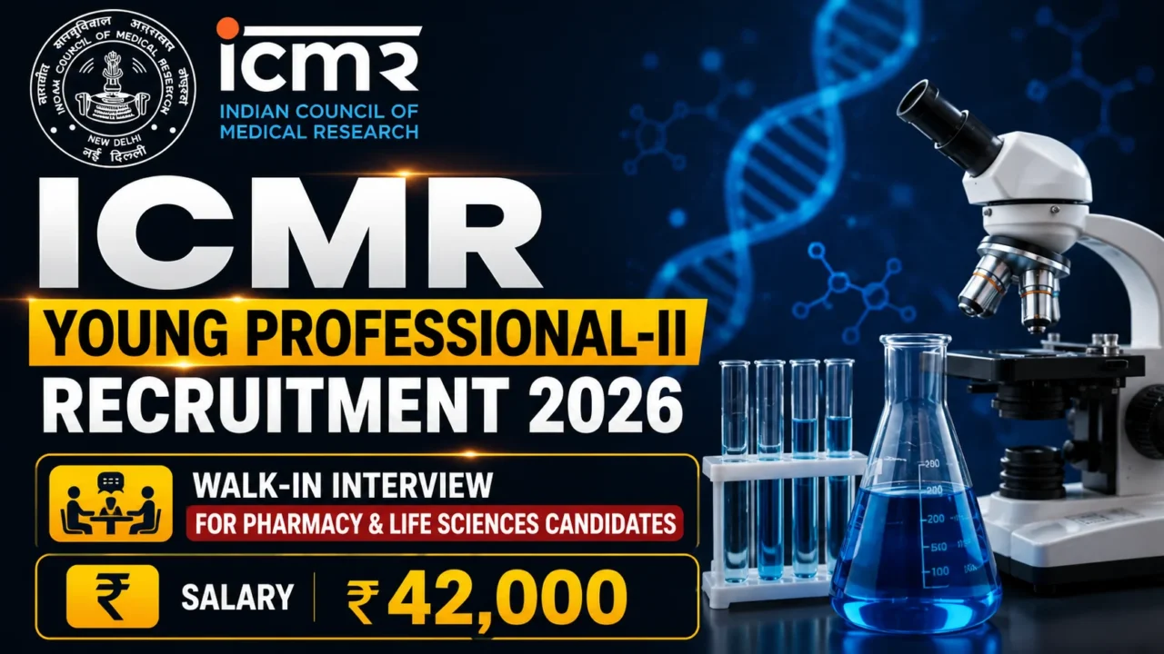 ICMR Young Professional-II Recruitment 2026 thumbnail featuring ICMR logo, laboratory microscope, DNA background, walk-in interview for Pharmacy and Life Sciences candidates, and ₹42,000 salary.