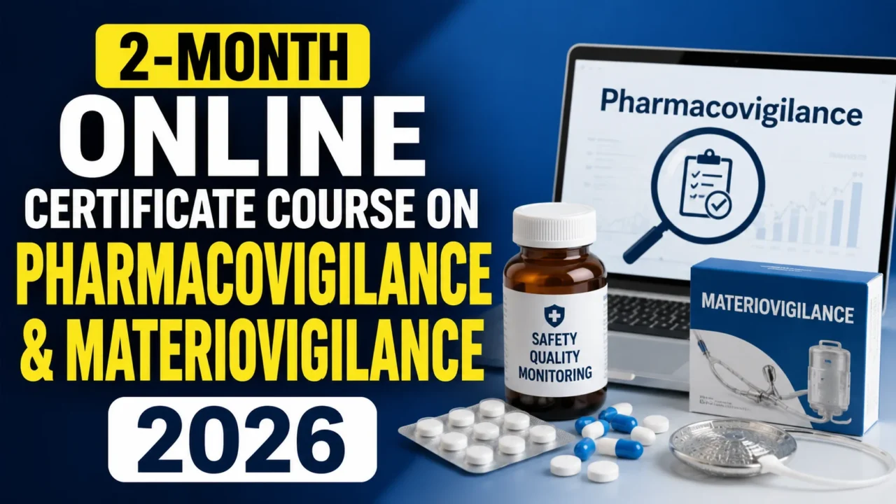 2-Month Online Certificate Course on Pharmacovigilance & Materiovigilance 2026 promotional thumbnail with medical safety monitoring, medicines, and medical device graphics.
