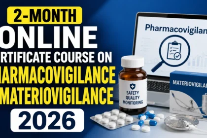 2-Month Online Certificate Course on Pharmacovigilance & Materiovigilance 2026 promotional thumbnail with medical safety monitoring, medicines, and medical device graphics.