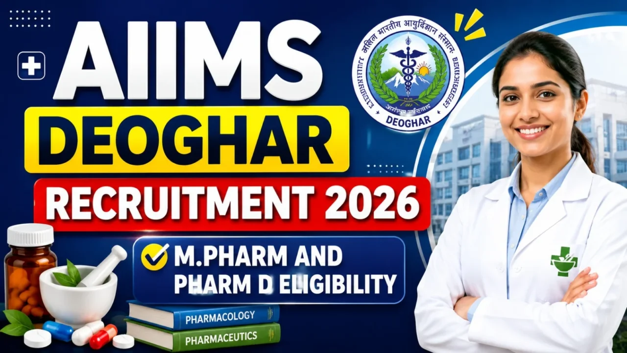 AIIMS Deoghar Recruitment 2026 poster featuring M.Pharm and Pharm.D eligibility, AIIMS Deoghar logo, pharmacist illustration, and pharmaceutical elements.