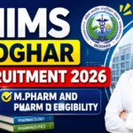 AIIMS Deoghar Recruitment 2026 poster featuring M.Pharm and Pharm.D eligibility, AIIMS Deoghar logo, pharmacist illustration, and pharmaceutical elements.
