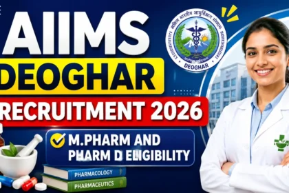 AIIMS Deoghar Recruitment 2026 poster featuring M.Pharm and Pharm.D eligibility, AIIMS Deoghar logo, pharmacist illustration, and pharmaceutical elements.