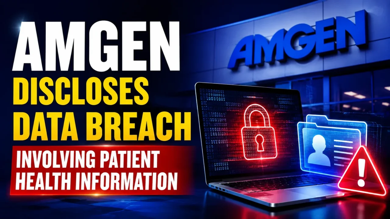 YouTube thumbnail highlighting Amgen's data breach involving patient health information, featuring cybersecurity visuals, digital lock, warning icon, and patient data records.