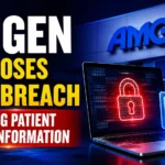 YouTube thumbnail highlighting Amgen's data breach involving patient health information, featuring cybersecurity visuals, digital lock, warning icon, and patient data records.