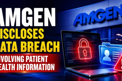 YouTube thumbnail highlighting Amgen's data breach involving patient health information, featuring cybersecurity visuals, digital lock, warning icon, and patient data records.