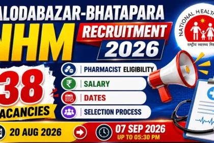 Balodabazar-Bhatapara NHM Recruitment 2026 thumbnail featuring 38 vacancies, Pharmacist eligibility, salary, important dates, and selection process.