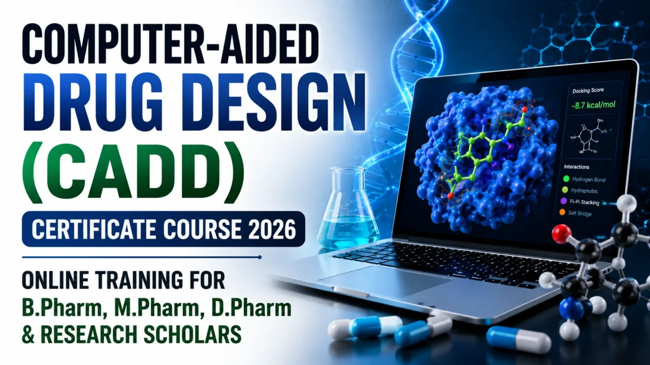 Computer-Aided Drug Design (CADD) Certificate Course 2026 online training for B.Pharm, M.Pharm, D.Pharm and research scholars with molecular docking and drug design visuals.