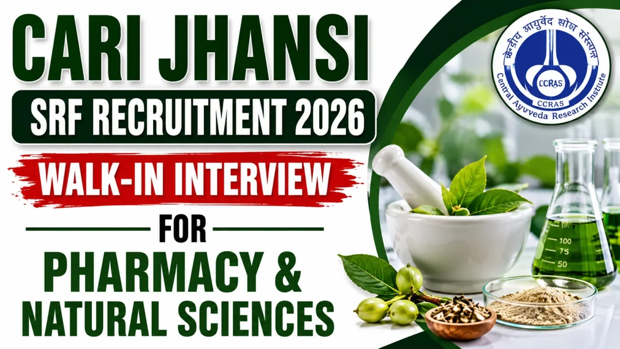 YouTube thumbnail for CARI Jhansi SRF Recruitment 2026 featuring a bold green and white design with the text "CARI Jhansi SRF Recruitment 2026 – Walk-In Interview for Pharmacy & Natural Sciences," along with Ayurveda herbs, laboratory glassware, and the CCRAS logo.
