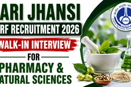 YouTube thumbnail for CARI Jhansi SRF Recruitment 2026 featuring a bold green and white design with the text "CARI Jhansi SRF Recruitment 2026 – Walk-In Interview for Pharmacy & Natural Sciences," along with Ayurveda herbs, laboratory glassware, and the CCRAS logo.