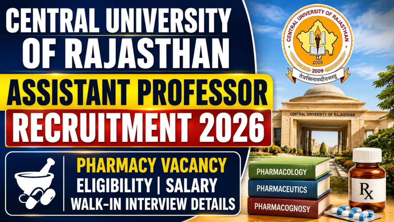 Central University of Rajasthan Assistant Professor Recruitment 2026 thumbnail featuring Pharmacy Vacancy, Eligibility, Salary and Walk-in Interview details.