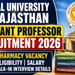 Central University of Rajasthan Assistant Professor Recruitment 2026 thumbnail featuring Pharmacy Vacancy, Eligibility, Salary and Walk-in Interview details.