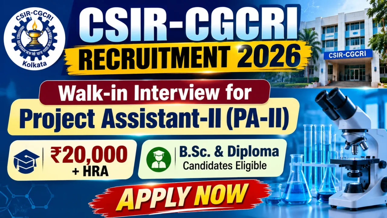 Thumbnail for CSIR-CGCRI Recruitment 2026 announcing a Walk-in Interview for Project Assistant-II (PA-II). The design features the CSIR-CGCRI logo, institute building, laboratory microscope, glassware, salary of ₹20,000 + HRA, eligibility for B.Sc. & Diploma candidates, and a bold Apply Now call-to-action.