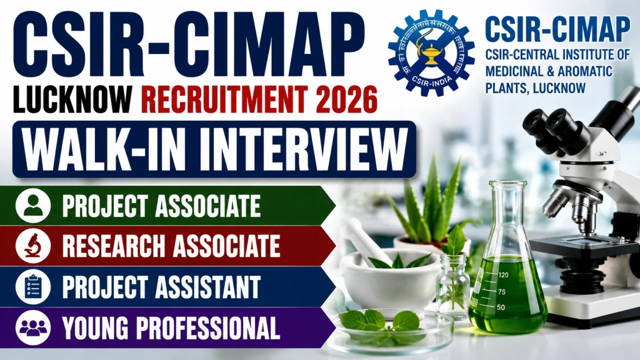 YouTube thumbnail for CSIR-CIMAP Lucknow Recruitment 2026 featuring bold text announcing a walk-in interview, along with the CSIR-CIMAP logo, a laboratory microscope, medicinal plants, laboratory glassware, and research-themed visuals on a clean white and blue background.