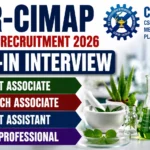 YouTube thumbnail for CSIR-CIMAP Lucknow Recruitment 2026 featuring bold text announcing a walk-in interview, along with the CSIR-CIMAP logo, a laboratory microscope, medicinal plants, laboratory glassware, and research-themed visuals on a clean white and blue background.