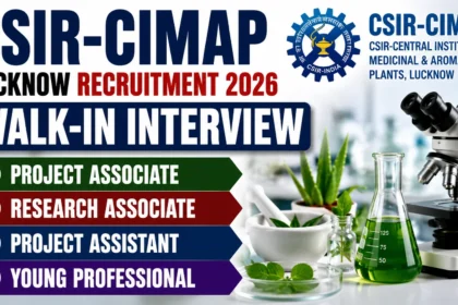 YouTube thumbnail for CSIR-CIMAP Lucknow Recruitment 2026 featuring bold text announcing a walk-in interview, along with the CSIR-CIMAP logo, a laboratory microscope, medicinal plants, laboratory glassware, and research-themed visuals on a clean white and blue background.