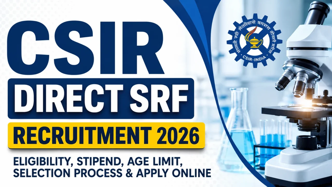 CSIR Direct SRF Recruitment 2026 thumbnail featuring CSIR logo, laboratory microscope and recruitment details.