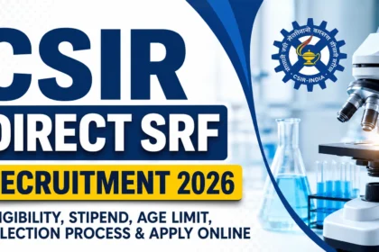 CSIR Direct SRF Recruitment 2026 thumbnail featuring CSIR logo, laboratory microscope and recruitment details.