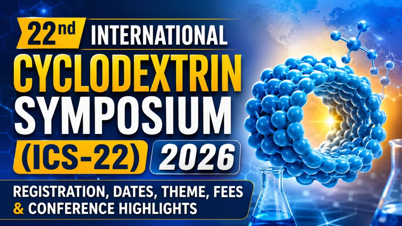 Thumbnail for the 22nd International Cyclodextrin Symposium (ICS-22) 2026 featuring a 3D cyclodextrin molecular structure, laboratory glassware, and a global scientific background. The design highlights registration details, conference dates, theme, fees, and conference highlights.