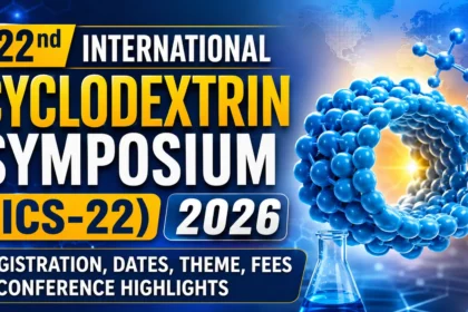 Thumbnail for the 22nd International Cyclodextrin Symposium (ICS-22) 2026 featuring a 3D cyclodextrin molecular structure, laboratory glassware, and a global scientific background. The design highlights registration details, conference dates, theme, fees, and conference highlights.