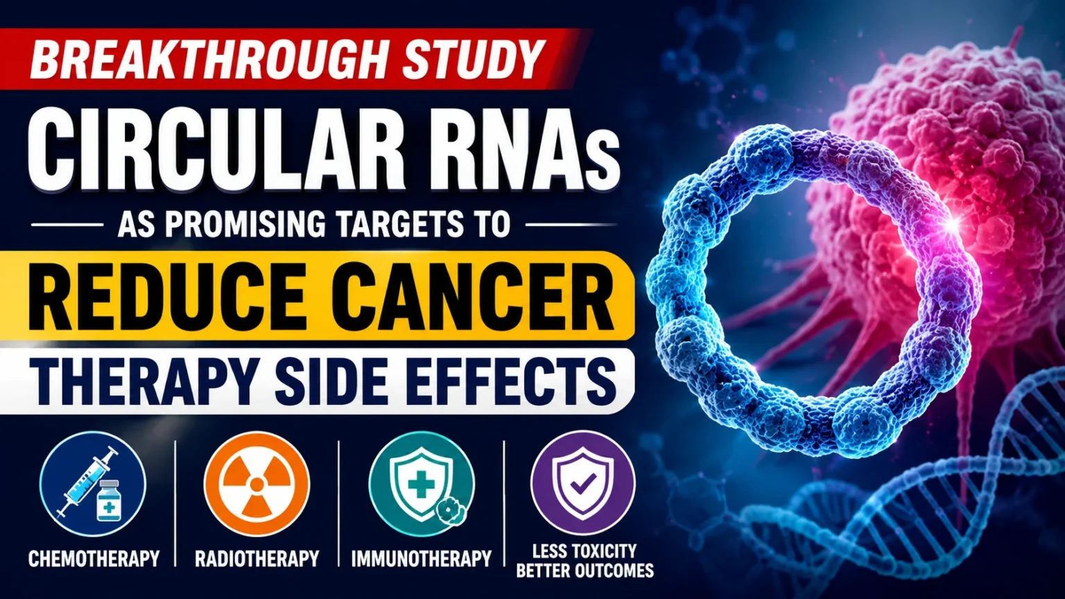 Breakthrough study on circular RNAs (circRNAs) showing their potential to reduce chemotherapy, radiotherapy, and immunotherapy side effects in cancer treatment.
