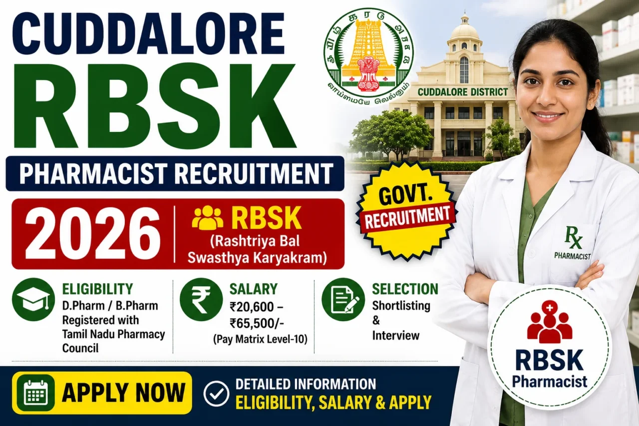 Cuddalore RBSK Pharmacist Recruitment 2026 thumbnail highlighting pharmacist recruitment, eligibility, salary and application details.