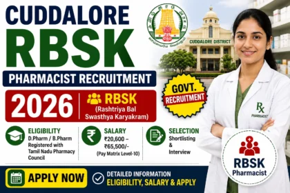 Cuddalore RBSK Pharmacist Recruitment 2026 thumbnail highlighting pharmacist recruitment, eligibility, salary and application details.