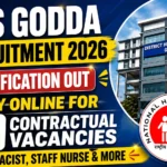 DHS Godda Recruitment 2026 notification thumbnail showing 64 contractual vacancies for Pharmacist, Staff Nurse, and other healthcare posts with the District Health Society Godda building and National Health Mission logo.