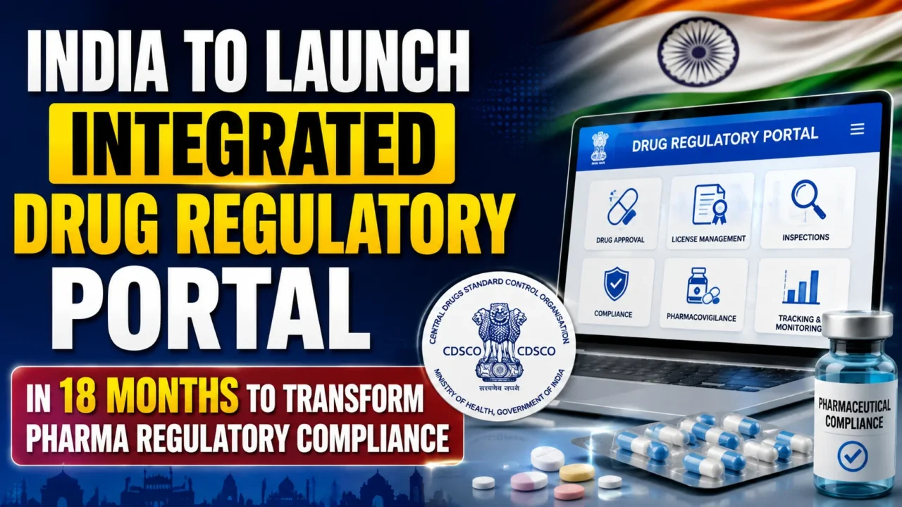 YouTube thumbnail announcing India's Integrated Drug Regulatory Portal launch, featuring a digital regulatory portal interface, Indian flag, CDSCO emblem, laptop, medicines, and pharma compliance visuals.