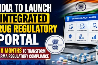 YouTube thumbnail announcing India's Integrated Drug Regulatory Portal launch, featuring a digital regulatory portal interface, Indian flag, CDSCO emblem, laptop, medicines, and pharma compliance visuals.