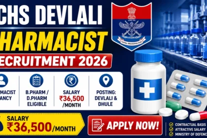 ECHS Devlali Pharmacist Recruitment 2026 thumbnail showing pharmacist vacancy with ₹36,500 salary for B.Pharm and D.Pharm candidates