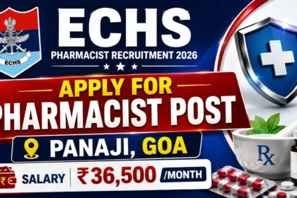 ECHS Pharmacist Recruitment 2026 thumbnail featuring the ECHS logo, Pharmacist Recruitment 2026, Pharmacist post, Panaji Goa location, and ₹36,500 monthly salary with pharmacy-related medical graphics.