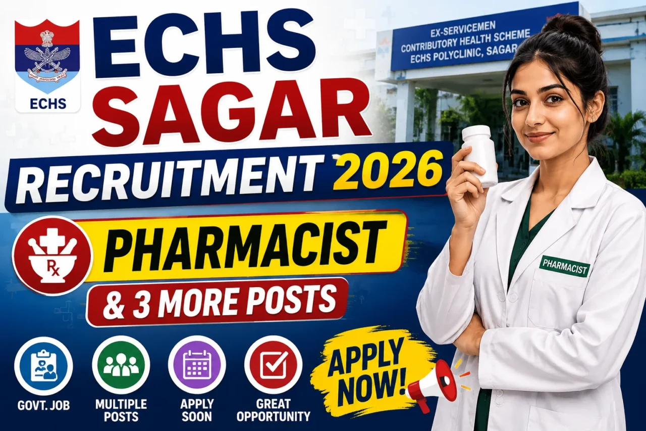 ECHS Sagar Recruitment 2026 thumbnail featuring Pharmacist and 3 more posts, with a female pharmacist, ECHS Sagar recruitment details, and apply now graphic.
