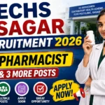 ECHS Sagar Recruitment 2026 thumbnail featuring Pharmacist and 3 more posts, with a female pharmacist, ECHS Sagar recruitment details, and apply now graphic.