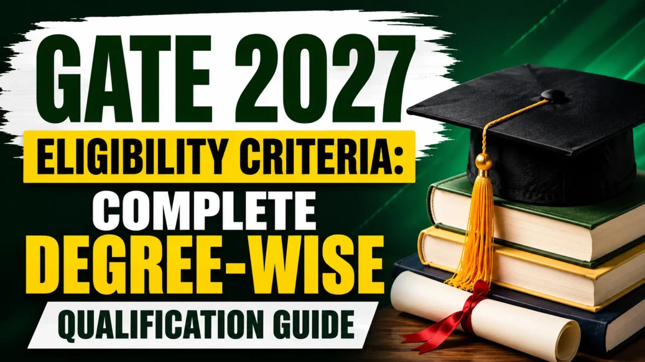 YouTube thumbnail featuring the text "GATE 2027 Eligibility Criteria: Complete Degree-Wise Qualification Guide" with a graduation cap placed on stacked books against a green background.
