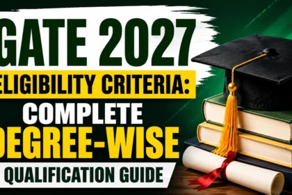YouTube thumbnail featuring the text "GATE 2027 Eligibility Criteria: Complete Degree-Wise Qualification Guide" with a graduation cap placed on stacked books against a green background.
