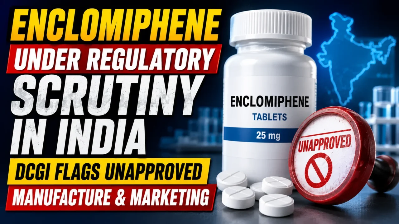 Enclomiphene under regulatory scrutiny in India with DCGI flagging unapproved manufacture and marketing, featuring an enclomiphene tablet bottle and unapproved stamp.