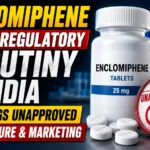 Enclomiphene under regulatory scrutiny in India with DCGI flagging unapproved manufacture and marketing, featuring an enclomiphene tablet bottle and unapproved stamp.