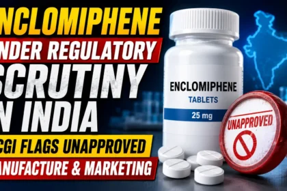 Enclomiphene under regulatory scrutiny in India with DCGI flagging unapproved manufacture and marketing, featuring an enclomiphene tablet bottle and unapproved stamp.