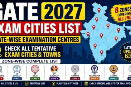 GATE 2027 Exam Cities List showing state-wise examination centres, eight zones across India, and zone-wise IITs including IISc Bengaluru, IIT Bombay, IIT Delhi, IIT Guwahati, IIT Kanpur, IIT Kharagpur, IIT Madras and IIT Roorkee.
