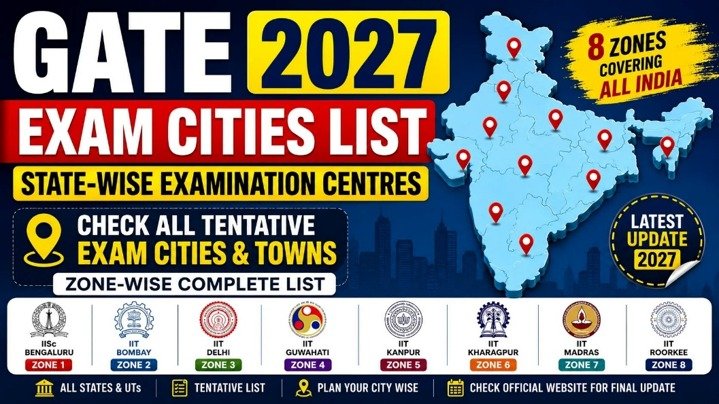 GATE 2027 Exam Cities List showing state-wise examination centres, eight zones across India, and zone-wise IITs including IISc Bengaluru, IIT Bombay, IIT Delhi, IIT Guwahati, IIT Kanpur, IIT Kharagpur, IIT Madras and IIT Roorkee.