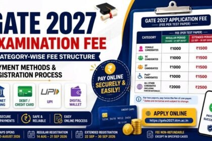 GATE 2027 Examination Fee infographic showing category-wise application fees, payment methods, registration process, regular and extended fee details, online payment options, and application timeline.