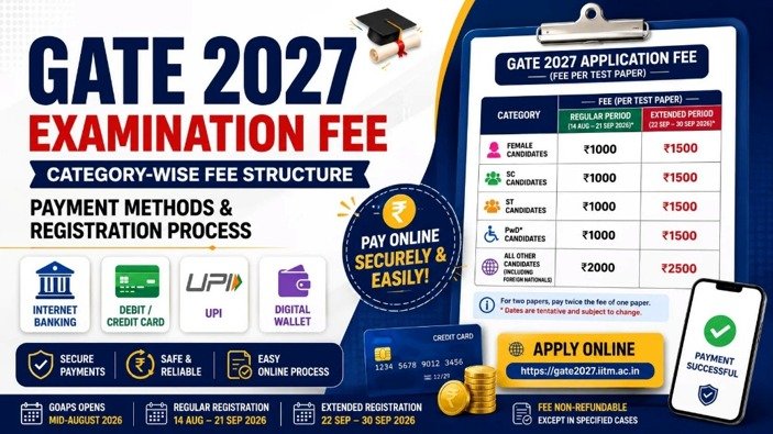 GATE 2027 Examination Fee infographic showing category-wise application fees, payment methods, registration process, regular and extended fee details, online payment options, and application timeline.