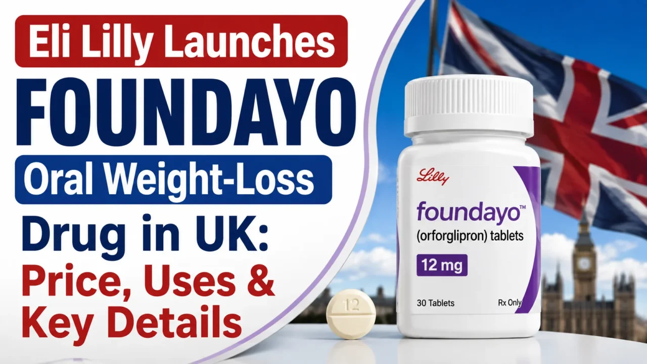 Eli Lilly Foundayo oral weight-loss drug launched in the UK, featuring orforglipron tablets, UK flag, price, uses and key details.