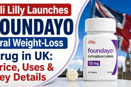 Eli Lilly Foundayo oral weight-loss drug launched in the UK, featuring orforglipron tablets, UK flag, price, uses and key details.