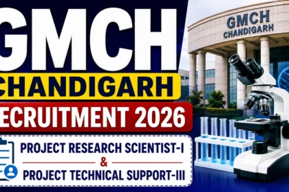 GMCH Chandigarh Recruitment 2026 thumbnail featuring Project Research Scientist-I and Project Technical Support-III vacancies with a medical research laboratory and microscope.