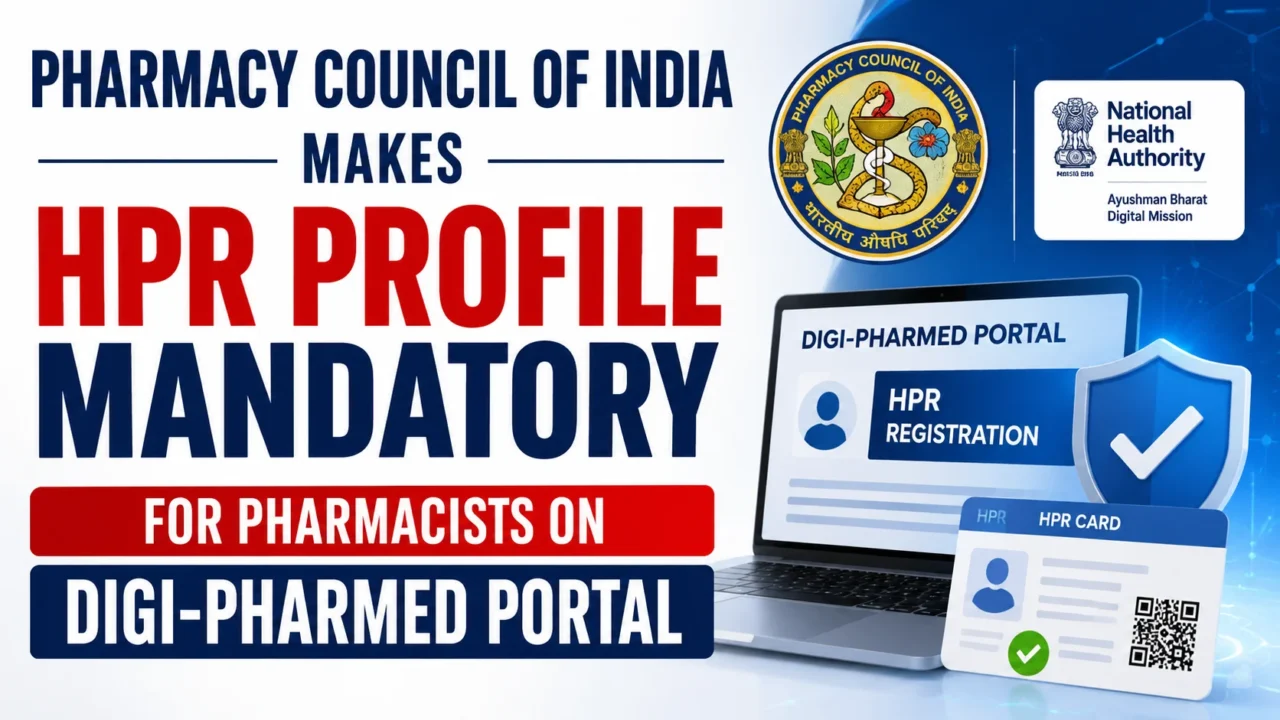 Pharmacy Council of India HPR Profile Mandatory for Pharmacists on DIGI-PHARMed Portal with PCI and NHA logos.